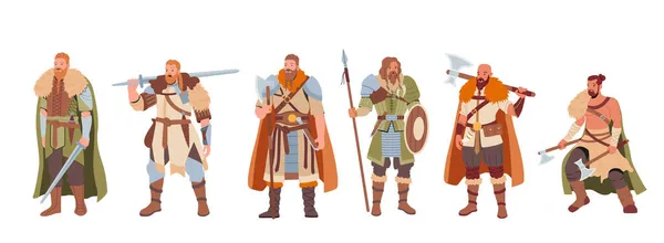 Personajes masculinos vikingos con pieles y espadas de armadura y hachas en fila aislados sobre fondo blanco — Vector de stock