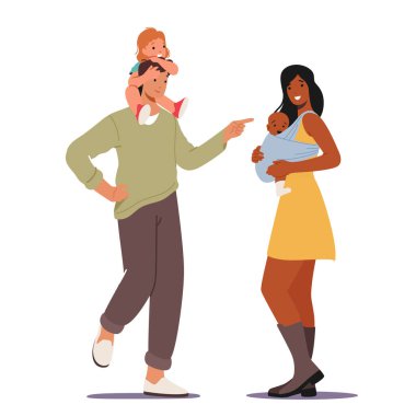Çok Irklı Bebekli Sevecen Ebeveynler. Anne ve Baba Kafkasyalı ya da Afrikalı Çocuklu Aile Karakterleri