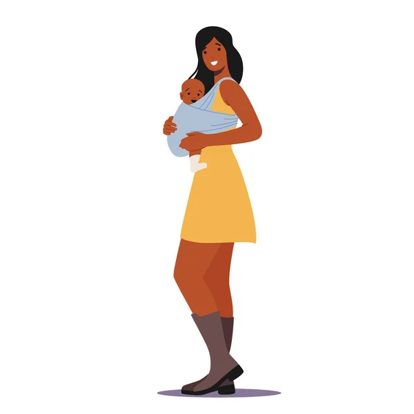 Jovem Personagem Feminina Africana com Bebê Recém-Nascido Sentado em Estilingue, Mulher e Criança, Maternidade, Cuidado com a Mãe, Maternidade —  Vetores de Stock