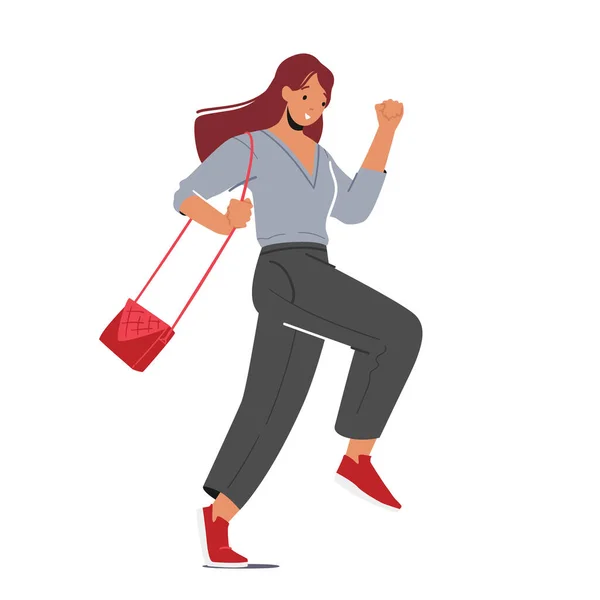 Student, Kantoormedewerker, Zakenvrouw Karakter Snel, Running Girl with Handbag Late at Bus, Winkelen Verkoop, Werk — Stockvector