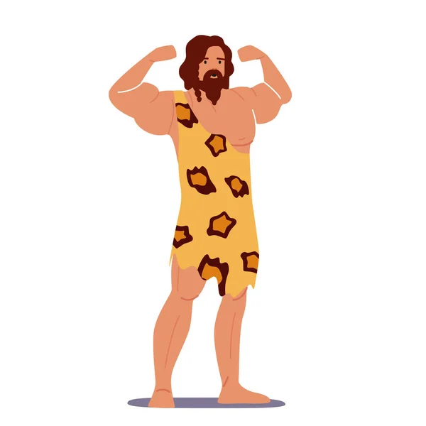 Prehistoric Ages Male Character Demonstrate Power Showing Muscles. Primitive Neandertha Man Lifestyle, Wear Animal Skin — Stock Vector