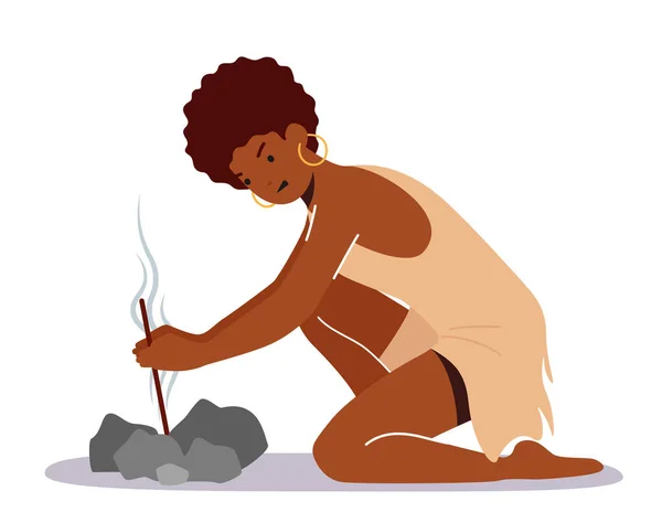 Prähistorisches Alter Frau entzündet ein Feuer mit Werkzeugen, primitive Neandertaler weiblichen Charakters Lebensstil, Mädchen tragen tierische Haut — Stockvektor