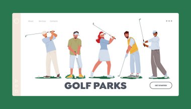 Golf Parkı İniş Şablonu. Spor Üniformalı Erkekler ve Kadınlar Golf Kulübü Oyun Sahasında