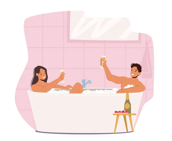 Pasangan Tanggal di Bathtub, Relaksasi, Badan Perawatan, Konsep Bulan Madu. Young Man and Woman Duduk di Bath Tub dengan Foam - Stok Vektor