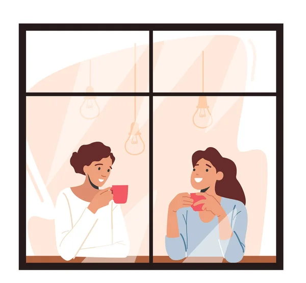 Mujeres jóvenes mirando por la ventana del hogar o café tomando café o té sosteniendo tazas en las manos, reunión de novias — Archivo Imágenes Vectoriales