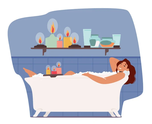 Mujer joven Relajándose en la bañera con velas ardientes. Procedimiento de Higiene y Belleza del Personaje Femenino Feliz, Lavado de Chicas — Vector de stock