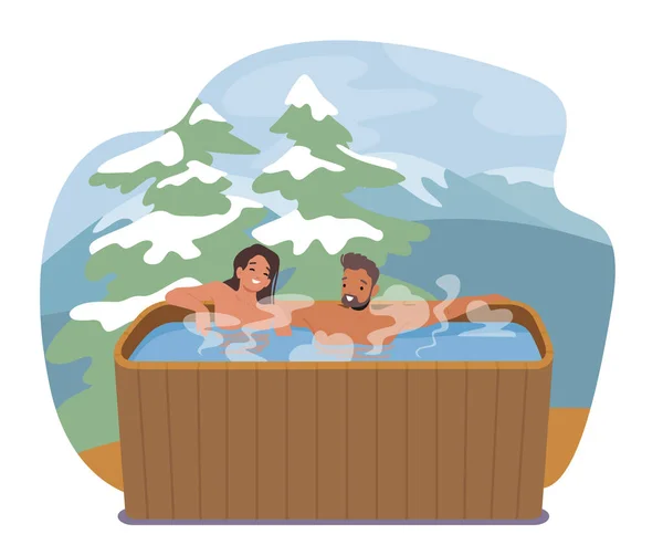 Giovane coppia di uomini e donne seduti in bagno di legno con acqua che prende sauna e acqua termale Procedure a Mountain Resort — Vettoriale Stock