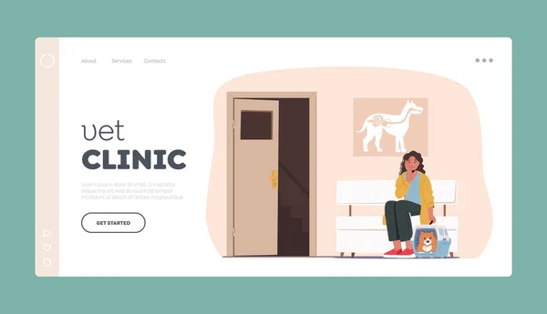 Šablona přistávací stránky veterinářské kliniky. Žena s mazlíčkem Přijďte na veterinární léčbu. Žena postava s kočkou v krabici — Stockový vektor