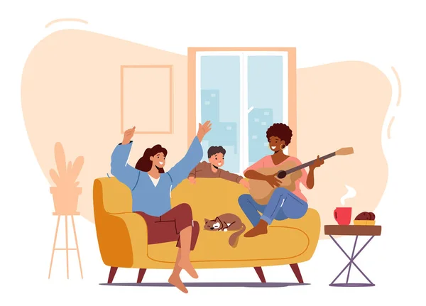 Happy Family Home Party Concept. Moeders vriendin spelen gitaar en zingen lied, ouder en kind personages dansen — Stockvector