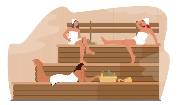 人民健康，卫生。桑拿浴水程序。放松，身体护理治疗，躺在木制长椅上的快乐女人 — 图库矢量图片