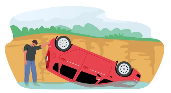 Smutný řidič Stojan u rozbitého auta Pád z útesu do vody, Automobil leží na střeše. Nehoda, nebezpečná situace, — Stockový vektor