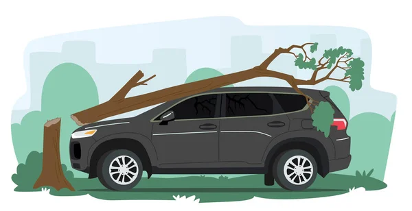 Carro quebrado com queda de árvore no telhado de automóvel e pára-brisas. Desastre natural, acidente na cidade ou área de subúrbio — Vetor de Stock