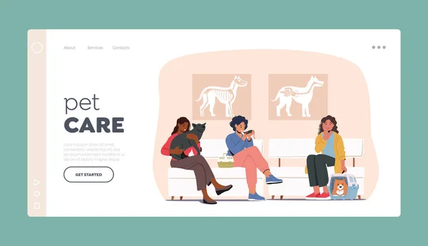 Pet Care Landing Page Template. Mensen met dieren in de veterinaire kliniek zitten op stoelen in het ziekenhuis Interieur, Dierenkliniek — Stockvector