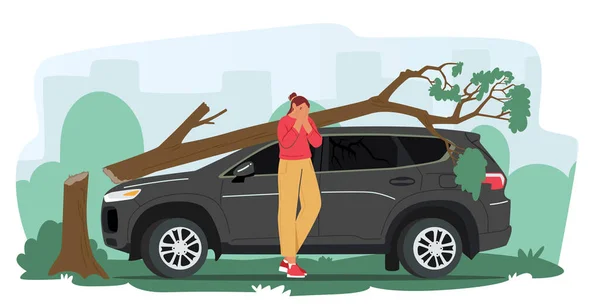 Personaje del conductor femenino llorando cerca de coche roto con caída de árbol en el techo del automóvil. Naturaleza Desastre, accidente, daño — Vector de stock