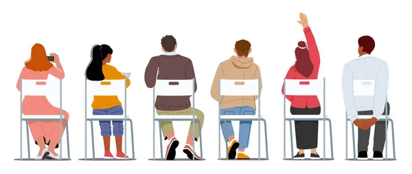 Zittende mensen achteraanzicht, Jonge mannen en vrouwen karakters zitten op stoelen in rij, Studenten achteraanzicht, Lezing Deelnemers — Stockvector