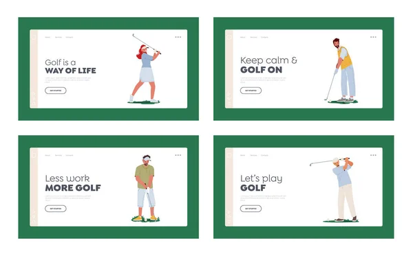 Golfspelers Landing Page Template Set. Sport Training of competitie. Mannen en vrouwen in de sport Uniform Holding Golf Club — Stockvector