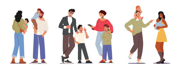 Set Loving Parents with Children, Mother and Father Caucasian and African Ethnicity Characters with Babies and Toddlers