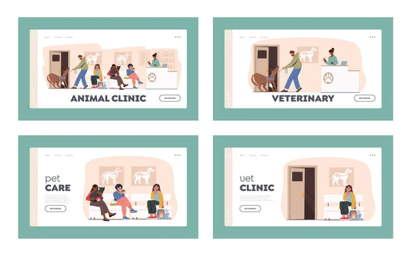 Πρότυπο σελίδας προσεδάφισης ζώων. Άτομα με κατοικίδια ζώα σε Κτηνιατρική Κλινική για τη θεραπεία. Χαρακτήρες με κατοικίδια — Διανυσματικό Αρχείο