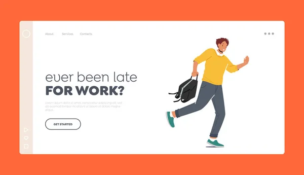 Karakter Late op het werk Landing Page Template. Angstige jongeman met tas in de hand haast als gevolg van overslapen of files — Stockvector