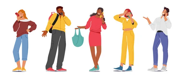 Personnages jeunesse avec téléphones, adolescents Smartphone Communication Concept. Jeunes hommes et femmes tenant des mobiles — Image vectorielle