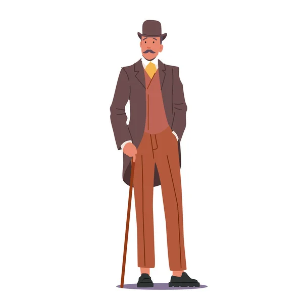 Elegan Manusia Bangga dari abad ke-19. English Victorian Gentleman in Frock Coat, Hat Hold Walking Cane, Male Charater - Stok Vektor