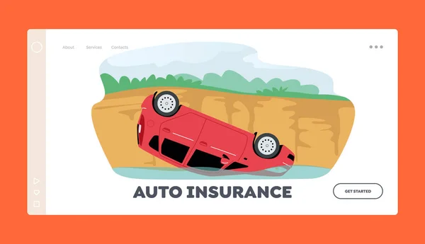 Auto Insurance Landing Page Template. Kaputtes Auto stürzt von Klippe ins Wasser, Auto liegt auf Dach Unfall, Schaden — Stockvektor