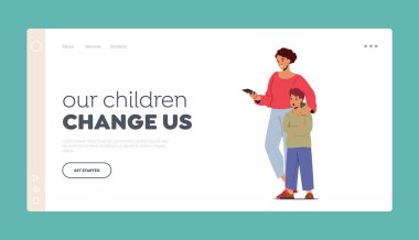 Mutlu Anne, Son İniş Sayfası Şablonu 'yla vakit geçir. Akıllı Telefonlu Anne Elini Çocuk Omuzuna koy, Aile