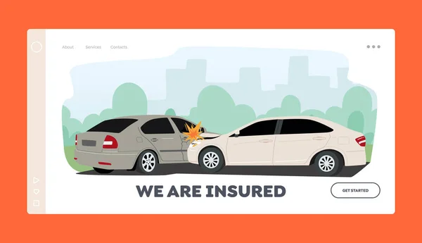 Auto crash, Road Collision Landing Page Template. Ongeluk. Beschadigd vervoer in de stad, Drive Ramp, Verpletterde voertuigen — Stockvector