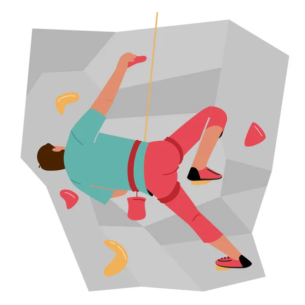 Hombre Personaje Escalador de rocas Practicando en Rope Park, Hombre Escalando la pared con agarres, Vida sana y actividad extrema — Vector de stock