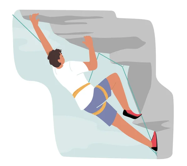 Fiatal hegymászó férfi karakter hegymászás. Ember egy kötéllel, amelynek extrém rekreáció a parkban vagy a természetben — Stock Vector