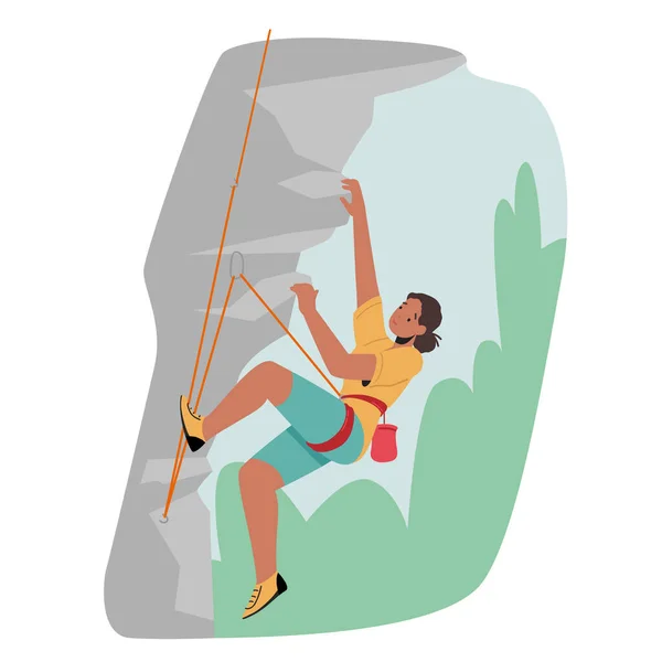 La mujer sube a la montaña. Personaje femenino Escalador de roca Escalada de roca con cuerdas, Chica deportiva en arnés Vida sana — Vector de stock