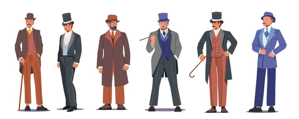 Set English Victorian Gentlemen, Aristocrats, Men of Nineteenth Century Isolated on White Background. Male Characters — Stock Vector