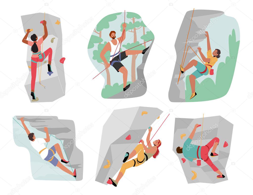 Set Male and Female Characters Climbing Mountain and Wall with Grips. Climbers Mountaineering Extreme Sport Activity