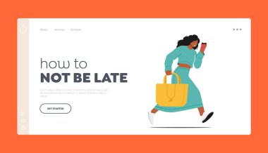 Geç İniş Şablonu Olmamayı. Kahve kupasıyla koşan genç kız, ofis işçisi, geç çalışan öğrenci...