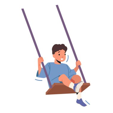 Happy Boy Swing, Beyaz Arkaplanda tecrit edildi. İp Tahtasında Oturan Küçük Çocuk Erkek Karakteri Keyfini çıkarın