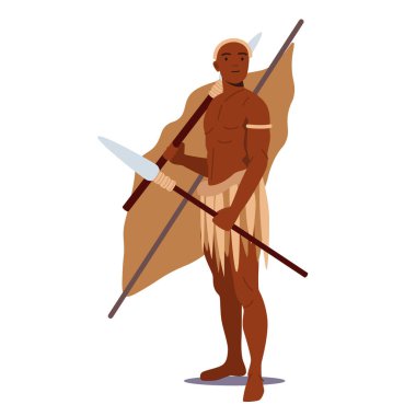 Siyah Derili Afrika Karakteri 'nin portresi, Beyaz Arkaplan' da izole edilmiş Silahlı Savaşçı. İnsan kabile kıyafetleri giyer.