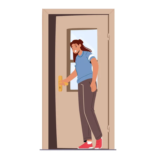 Žena otevírající dveře odcházející nebo vstupující do domu, dívka stojí na otevřených dveřích izolované na bílém pozadí, vstup do domu — Stockový vektor