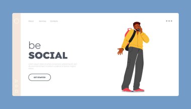 Sosyal İniş Şablonu Ol. Sinirli Afrikalı Erkek Karakteri Akıllı Telefon, Cep Telefonu İletişimi