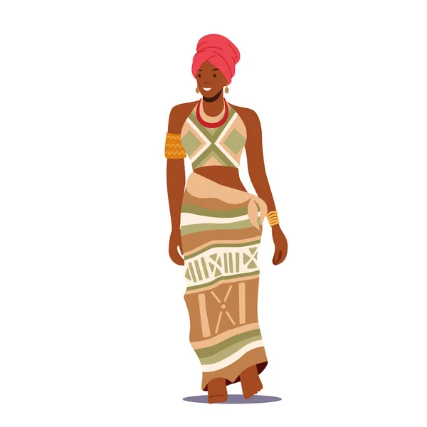 アフリカの女性は白い背景に隔離された伝統的な服を着る。部族の女性キャラクターはターバンとドレスを着用 — ストックベクタ