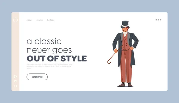 Modellato Dandy Landing Page Template. Elegante uomo orgoglioso di epoca vittoriana. Gentiluomo in Cappotto di Pietra, Top Cappello Tenere Canna — Vettoriale Stock