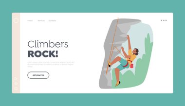 Kadın Dağ İniş Sayfası Şablonu 'na Tırmanır. Dişi Karakter Kaya Tırmanışçısı İple Tırmanan Kaya, Sportif Kız