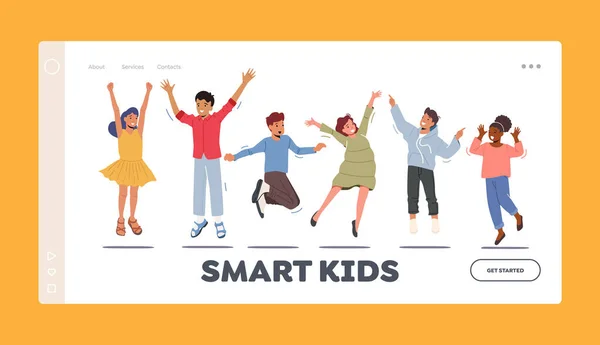 Πρότυπο Smart Kids Landing Page. Ευτυχισμένα νήπια στέκονται στη σειρά χορεύοντας και πηδώντας. Μικρά παιδιά απολαμβάνουν στις διακοπές — Διανυσματικό Αρχείο