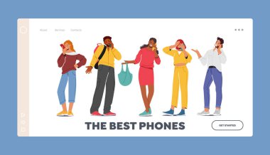 Telefon İniş Şablonu Karakterleri. Akıllı telefon iletişimi. Genç Erkekler ve Kadınlar Cep Telefonu Sohbeti