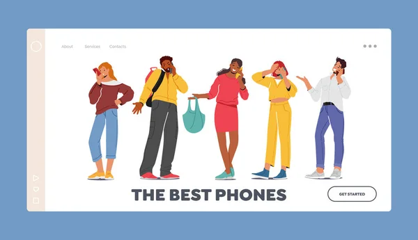 Personagens com Phones Landing Page Template. Comunicação Smartphone. Homens e mulheres jovens segurando Mobiles conversando —  Vetores de Stock