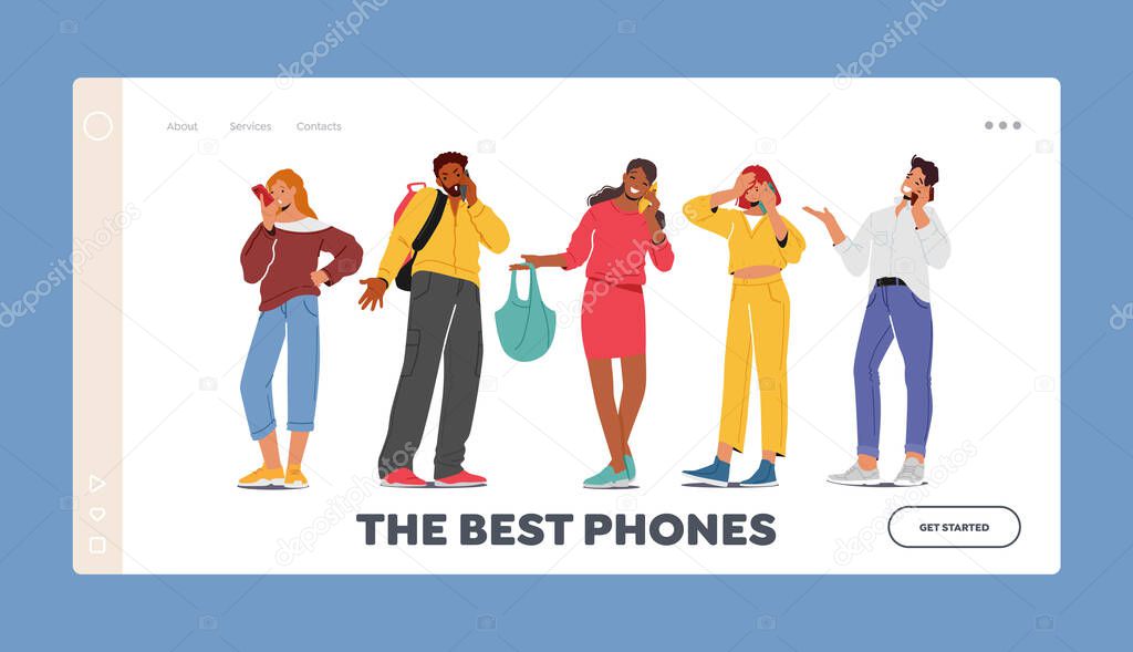 Characters with Phones Landing Page Template. Smartphone Communication. Young Men and Women Holding Mobiles Chatting