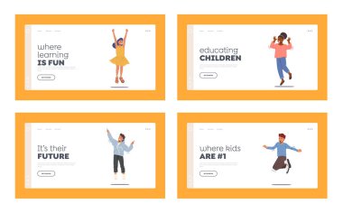 Çocuklar İniş Şablonu Ayarları. Mutlu Yürüyen Çocuklar Dans ve Zıplama Sırasında Bekliyor. Küçük Çocuklar Yazın Sevinçlisidir