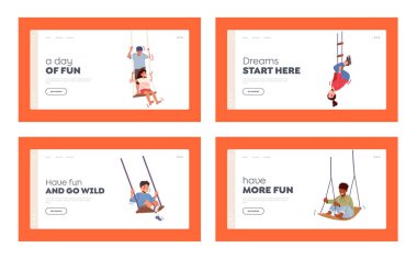 Happy Boys and Girls Swing Landing Page Template Set. Little Children Characters Sit on Rope Teeterboard on Playground clipart