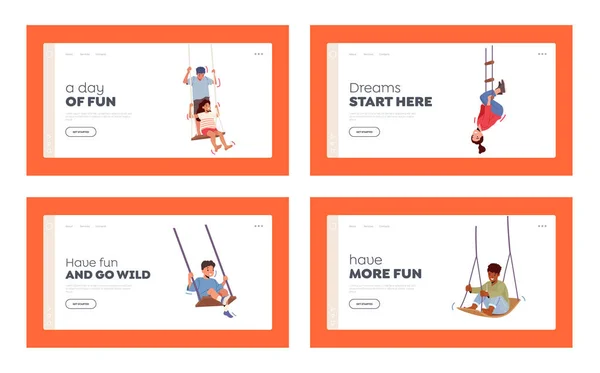 Happy Boys and Girls Swing Landing Page Template Set. Little Children Characters Sit on Rope Teeterboard on Playground — Stock vektor