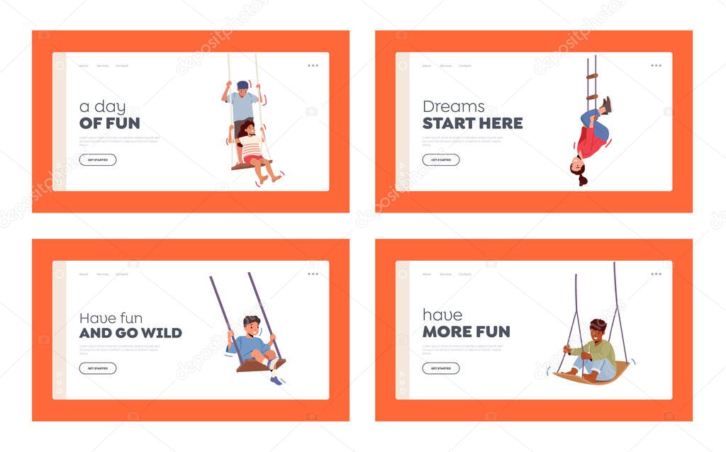 Happy Boys and Girls Swing Landing Page Template Set. Little Children Characters Sit on Rope Teeterboard on Playground