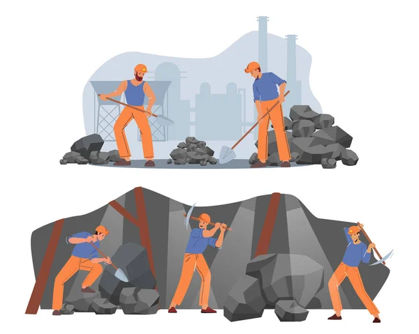 Ανθρακωρύχοι στην εργασία, Άνδρες εργαζόμενοι χαρακτήρες φορούν στολή και κράνος εργασίας σε ανθρακωρυχείο με φτυάρια και αξίνες — Διανυσματικό Αρχείο